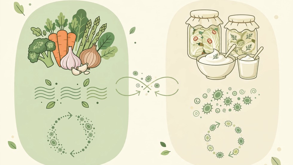 Infografica che spiega la differenza tra prebiotici e probiotici con esempi di alimenti