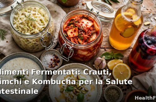Barattoli di vetro con crauti, kimchi e kombucha, alimenti fermentati per la salute intestinale