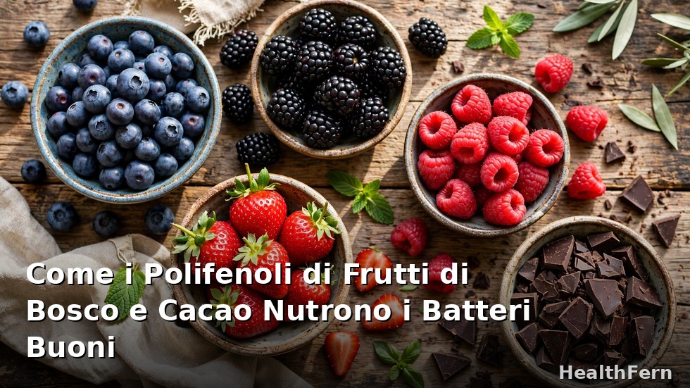 Mirtilli, more, lamponi e cacao fondente ricchi di polifenoli che nutrono i batteri buoni del microbioma