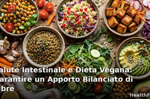 Piatto vegano bilanciato con legumi, cereali integrali e verdure per la salute intestinale e fibre equilibrate