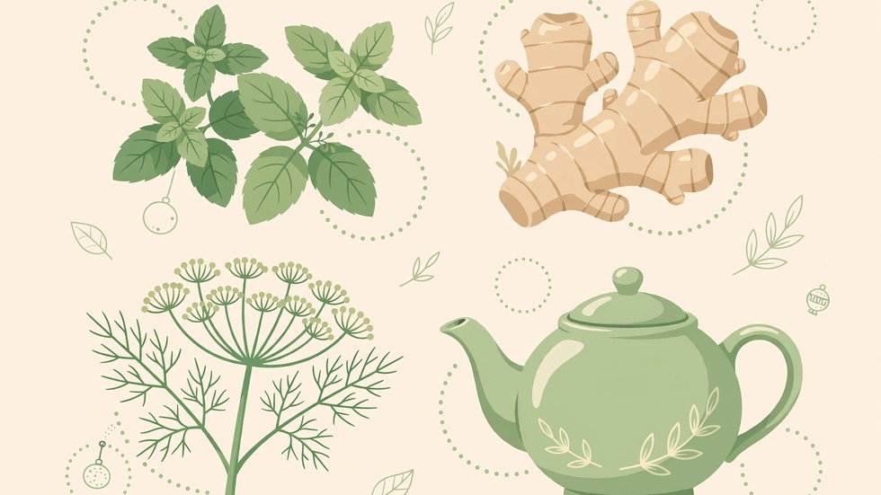 Infografica con dosi e tempi di infusione di menta, zenzero e finocchio