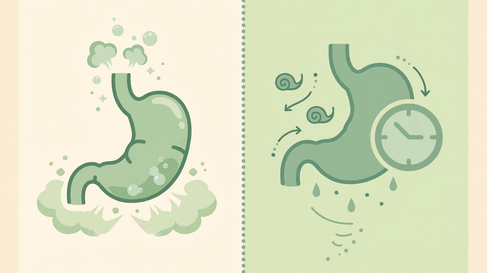 Infografica comparativa tra gonfiore occasionale e digestione lenta con cause e rimedi