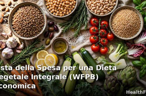 Lista della spesa per dieta vegetale integrale economica: cereali, legumi, verdure e frutta su un tavolo di legno chiaro