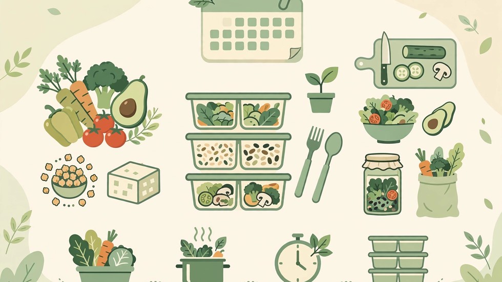 Schema del piano meal prep vegetale con tempi, contenitori e ordine di cottura delle preparazioni