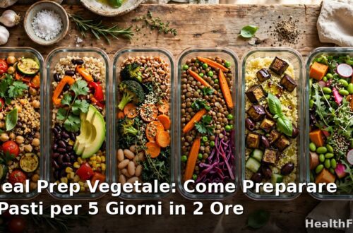 Meal prep vegetale settimanale: contenitori di vetro con cereali, legumi e verdure colorate pronti per cinque giorni