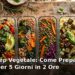 Meal prep vegetale settimanale: contenitori di vetro con cereali, legumi e verdure colorate pronti per cinque giorni