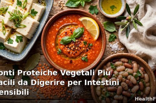 Fonti proteiche vegetali delicate per la digestione: lenticchie rosse, tofu morbido, tempeh e zuppa di legumi in ciotole