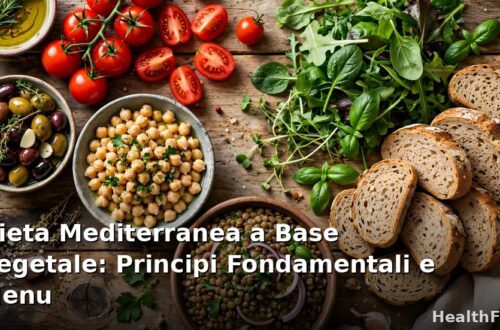 Dieta mediterranea a base vegetale: tavola con olio extravergine, legumi, cereali integrali, verdure e frutta di stagione