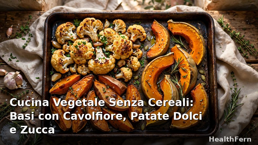 Basi vegetali senza cereali: riso di cavolfiore, patate dolci arrosto e zucca al forno in ciotole di ceramica