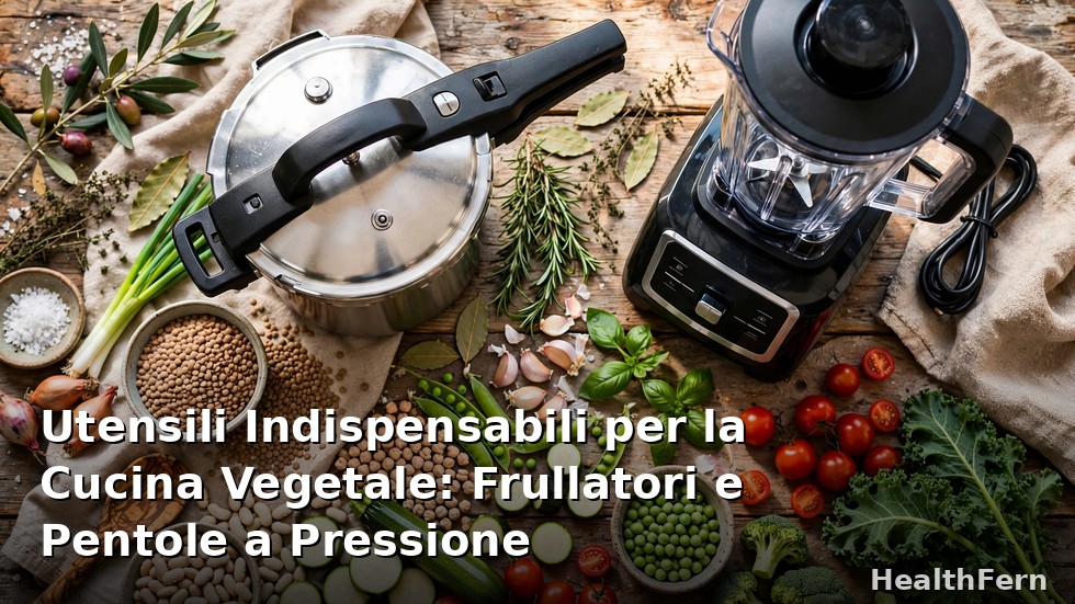 Utensili essenziali per la cucina vegetale: frullatore, pentola a pressione e robot da cucina su un piano di lavoro
