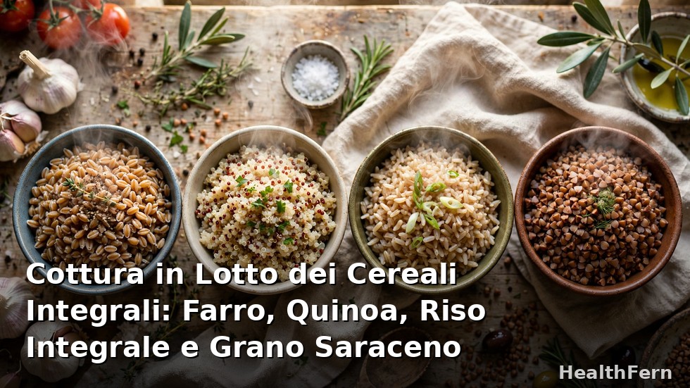 Cottura in lotto dei cereali integrali: pentole con farro, quinoa, riso integrale e grano saraceno pronti da porzionare