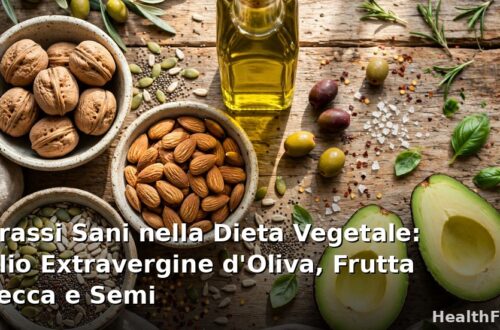 Grassi sani della dieta vegetale: bottiglia di olio extravergine d'oliva, noci, mandorle e semi in ciotole di legno