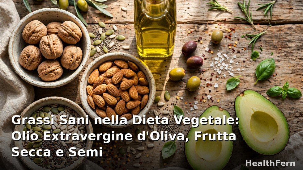 Grassi sani della dieta vegetale: bottiglia di olio extravergine d'oliva, noci, mandorle e semi in ciotole di legno