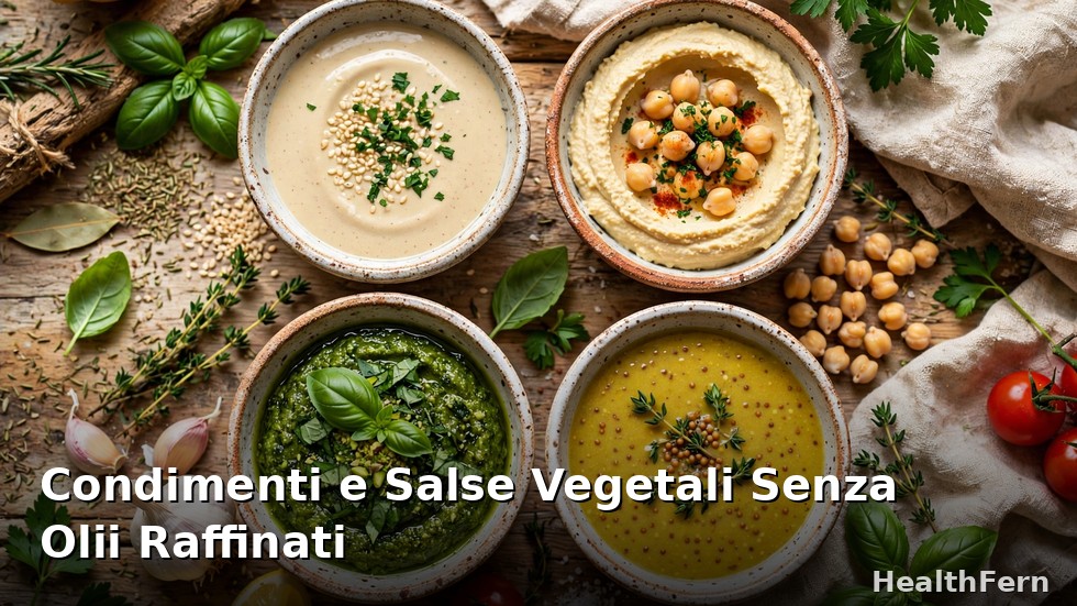 Salse vegetali senza olii raffinati in ciotoline: hummus, tahina, pesto di rucola e vinaigrette con erbe fresche