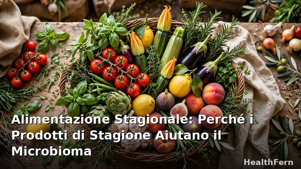 Alimentazione stagionale per il microbioma: ceste di frutta e verdura di stagione italiana in un mercato rionale