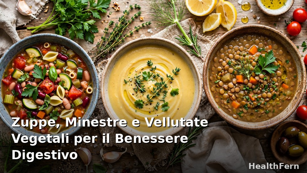 Zuppe minestre e vellutate vegetali per il benessere digestivo: ciotole fumanti con cucchiaio di legno e erbe fresche
