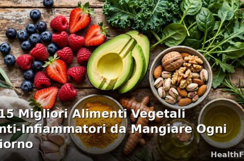 Selezione di alimenti vegetali anti-infiammatori freschi: frutti di bosco, verdure a foglia verde, curcuma, avocado e noci su tavolo in legno