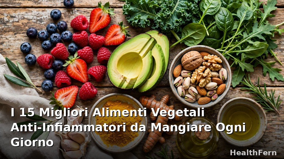 Selezione di alimenti vegetali anti-infiammatori freschi: frutti di bosco, verdure a foglia verde, curcuma, avocado e noci su tavolo in legno