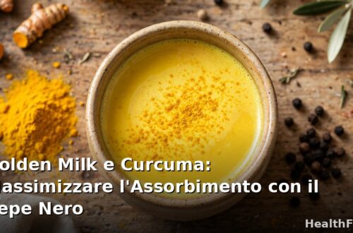 Tazza di golden milk dorato con curcuma in polvere, stecca di cannella e grani di pepe nero su fondo rustico