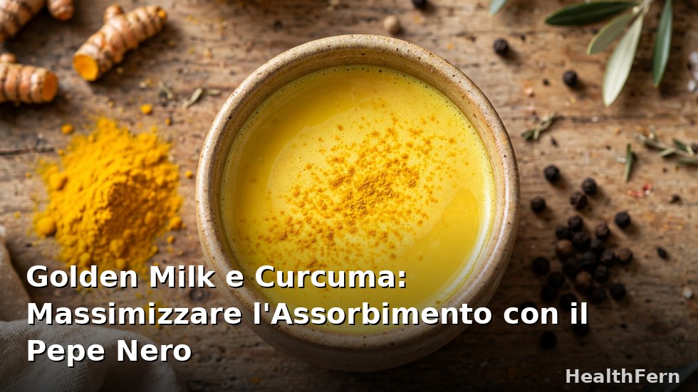 Tazza di golden milk dorato con curcuma in polvere, stecca di cannella e grani di pepe nero su fondo rustico