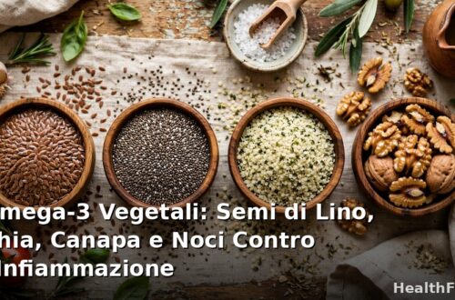 Ciotole con semi di lino, semi di chia, semi di canapa e noci sgusciate, fonti vegetali di omega-3 anti-infiammatori