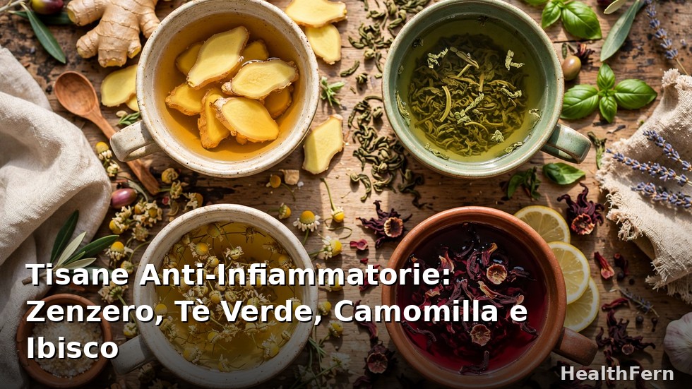 Tazze di tisane anti-infiammatorie con zenzero fresco, tè verde, fiori di camomilla e ibisco su vassoio in legno
