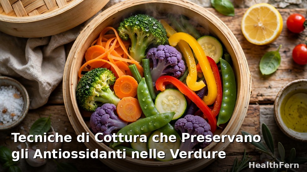 Verdure colorate cotte al vapore in cestello di bambù, tecnica di cottura che preserva vitamine e antiossidanti