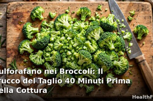 Broccoli freschi tagliati a cimette su tagliere, pronti per il riposo di 40 minuti che attiva il sulforafano