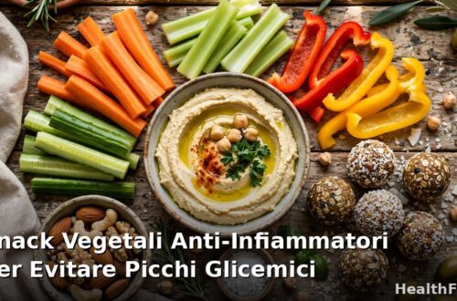 Snack vegetali anti-infiammatori: hummus con verdure, noci, frutta fresca e olive in ciotole colorate