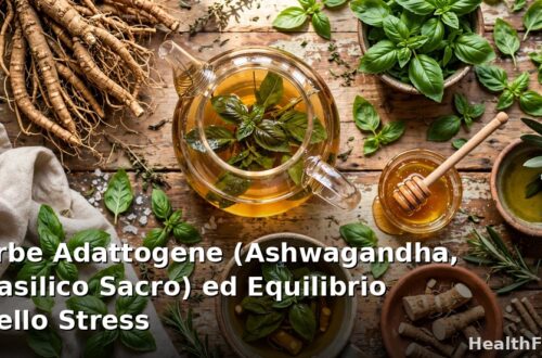 Radici di ashwagandha, foglie di basilico sacro tulsi e tisana alle erbe adattogene per l'equilibrio dello stress