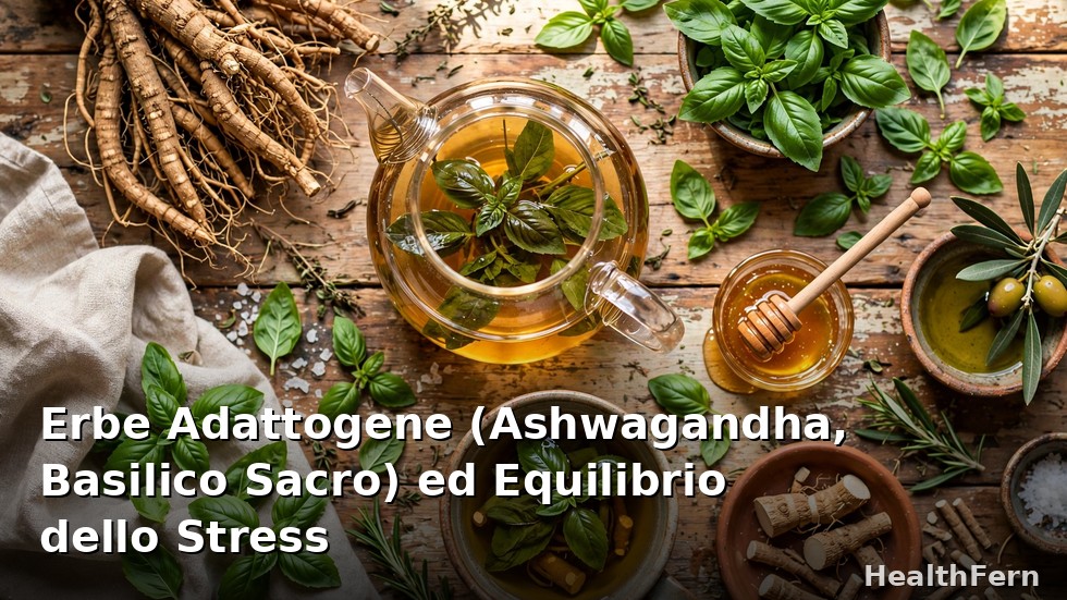 Radici di ashwagandha, foglie di basilico sacro tulsi e tisana alle erbe adattogene per l'equilibrio dello stress
