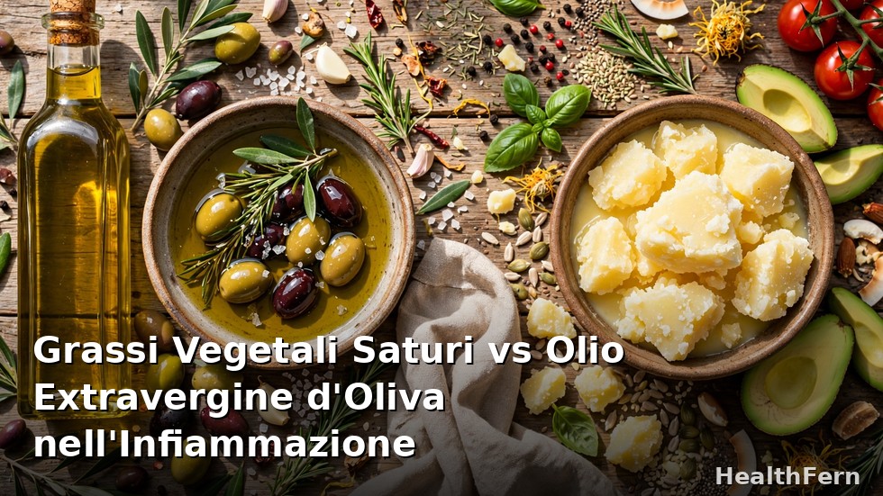 Bottiglia di olio extravergine d'oliva italiano accanto a olive fresche, confrontato con grassi vegetali saturi come olio di cocco