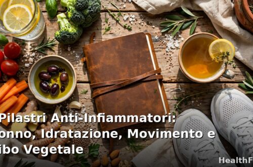 I quattro pilastri anti-infiammatori: persona che dorme serena, bicchiere d'acqua, corsa al parco e ciotola di cibo vegetale