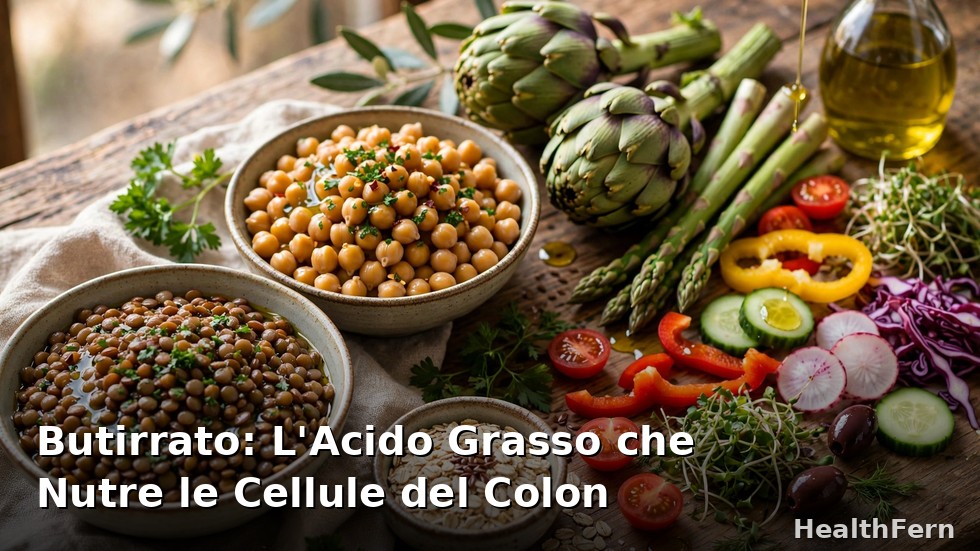 Tavola mediterranea con lenticchie, ceci, avena e verdure ricche di fibre che favoriscono la produzione di butirrato