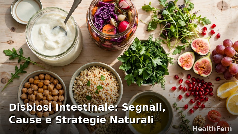 Composizione di alimenti amici dell'intestino: yogurt, verdure fermentate, legumi e cereali integrali per contrastare la disbiosi