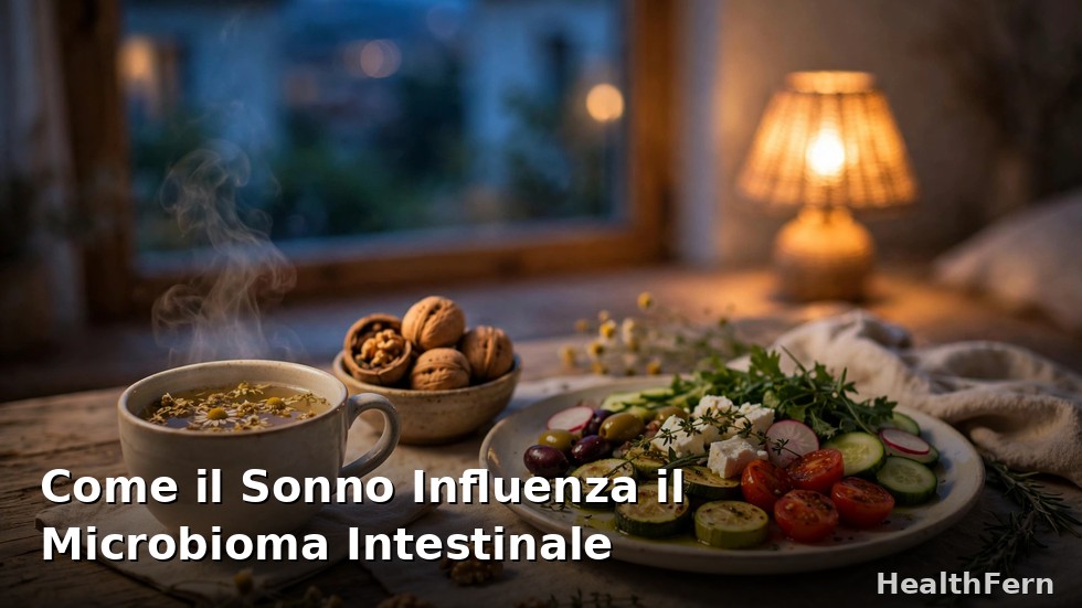 Tisana di camomilla e cena leggera mediterranea in un'atmosfera serale rilassante per favorire sonno e microbioma