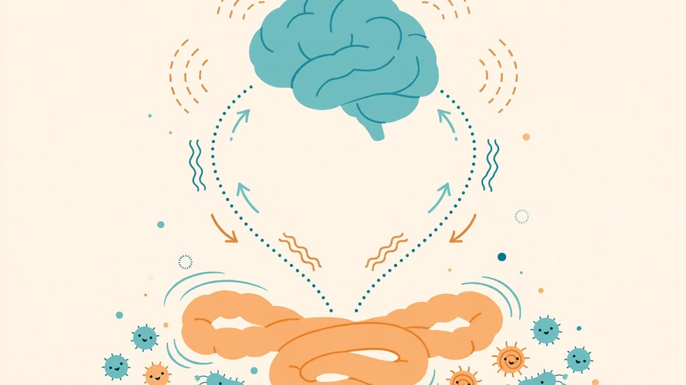 Infografica dell'asse intestino-cervello con intestino e cervello collegati da segnali nervosi bidirezionali