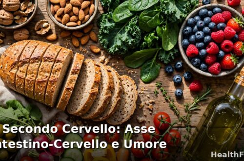 Alimenti mediterranei per l'umore: noci, verdure a foglia verde, frutti di bosco e olio d'oliva su tavola rustica