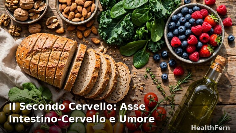 Alimenti mediterranei per l'umore: noci, verdure a foglia verde, frutti di bosco e olio d'oliva su tavola rustica