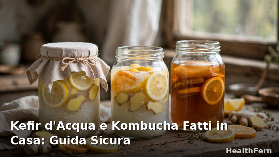 Barattoli di vetro con kefir d'acqua e kombucha fatti in casa con fette di agrumi e zenzero