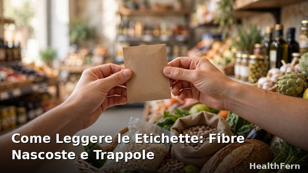 Mani che leggono l'etichetta di un prodotto alimentare con cesto della spesa ricco di fibre