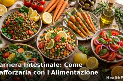 Colorata tavola mediterranea con verdure, legumi e olio d'oliva per rafforzare la barriera intestinale