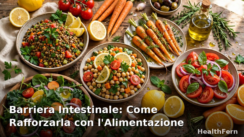 Colorata tavola mediterranea con verdure, legumi e olio d'oliva per rafforzare la barriera intestinale