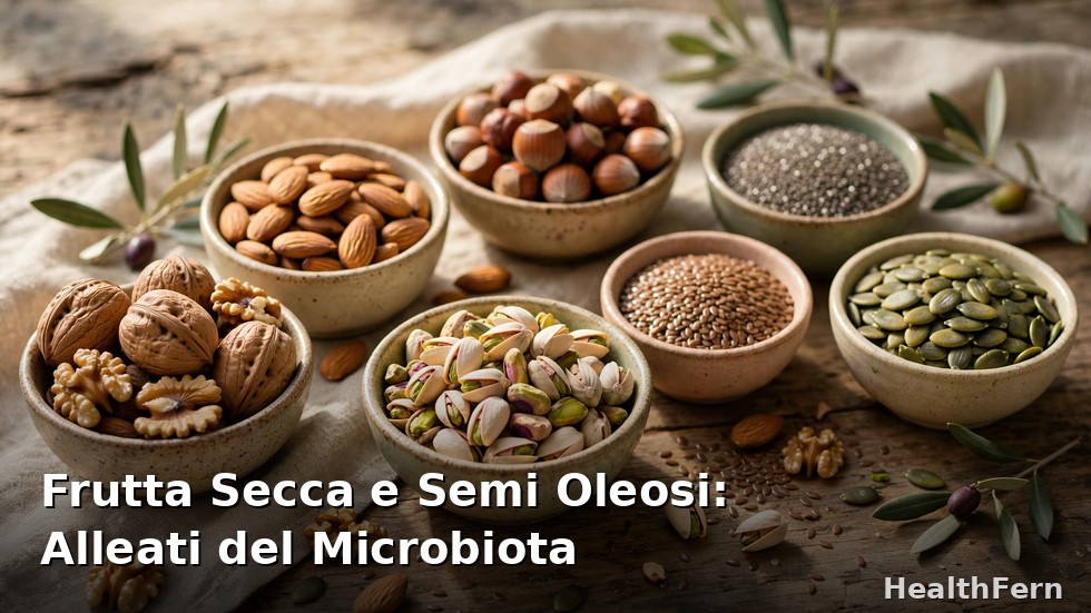 Ciotoline di noci, mandorle, nocciole, semi di lino e semi di zucca su tavola di legno rustica
