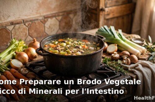 Pentola fumante di brodo vegetale fatto in casa circondata da carote, sedano, cipolle ed erbe fresche