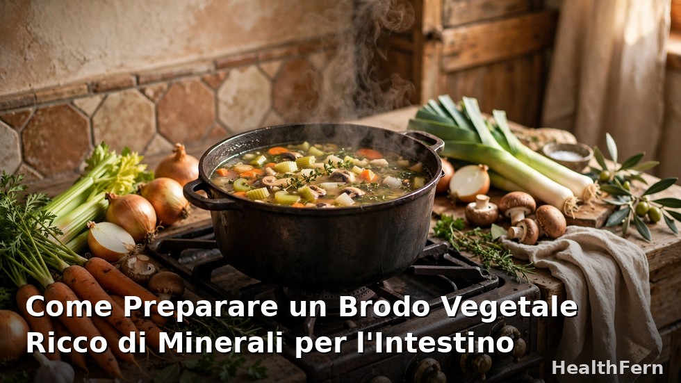 Pentola fumante di brodo vegetale fatto in casa circondata da carote, sedano, cipolle ed erbe fresche