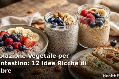 Tavola con colazioni vegetali ricche di fibre: porridge d'avena, frutta fresca, semi e frutta secca