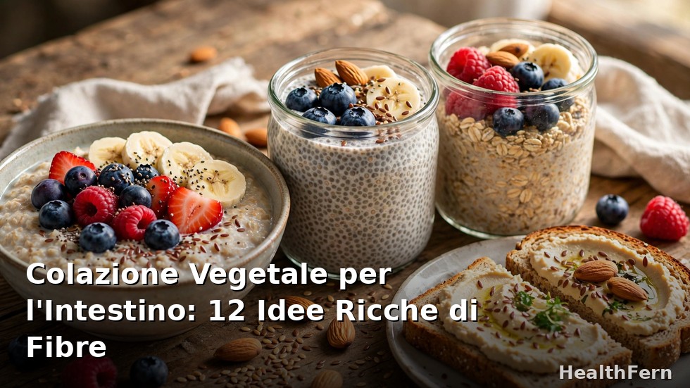 Tavola con colazioni vegetali ricche di fibre: porridge d'avena, frutta fresca, semi e frutta secca