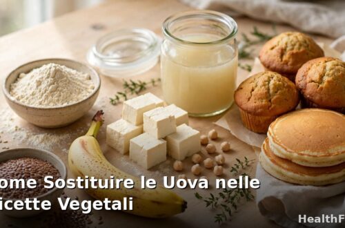 Ingredienti per sostituire le uova in cucina vegetale: semi di lino, banana, tofu e acquafaba su un tavolo