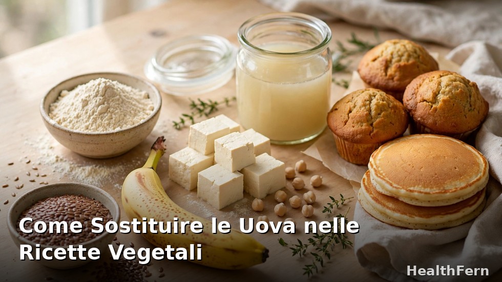 Ingredienti per sostituire le uova in cucina vegetale: semi di lino, banana, tofu e acquafaba su un tavolo